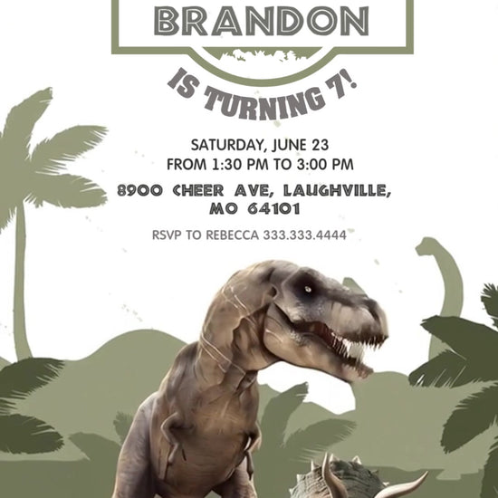Olive-and-white dinosaur birthday invitation with a Jurassic-style emblem, realistic T-rex, stegosaurus and triceratops, and staged party details.