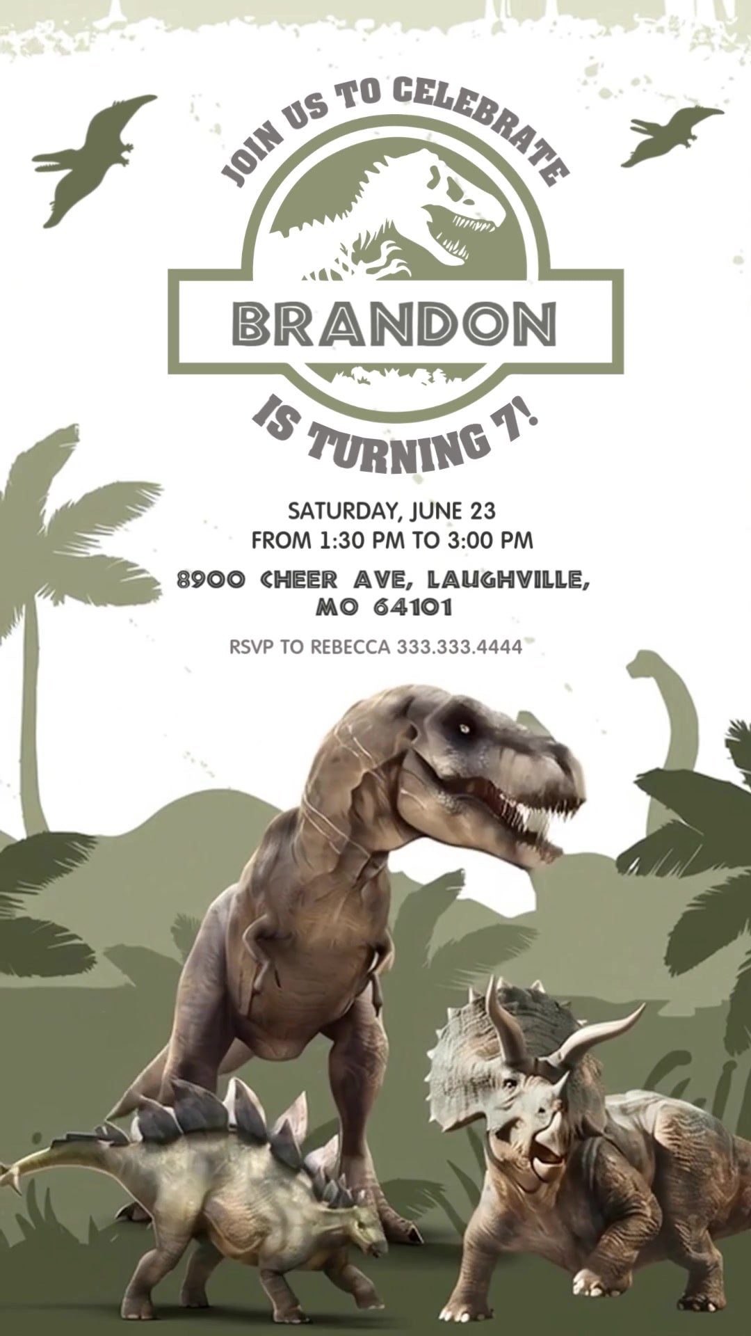 Olive-and-white dinosaur birthday invitation with a Jurassic-style emblem, realistic T-rex, stegosaurus and triceratops, and staged party details.