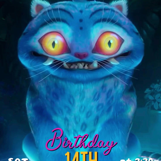 Blue tiger with glowing yellow eyes, aqua name lettering and pink birthday script over a dark blue scene.