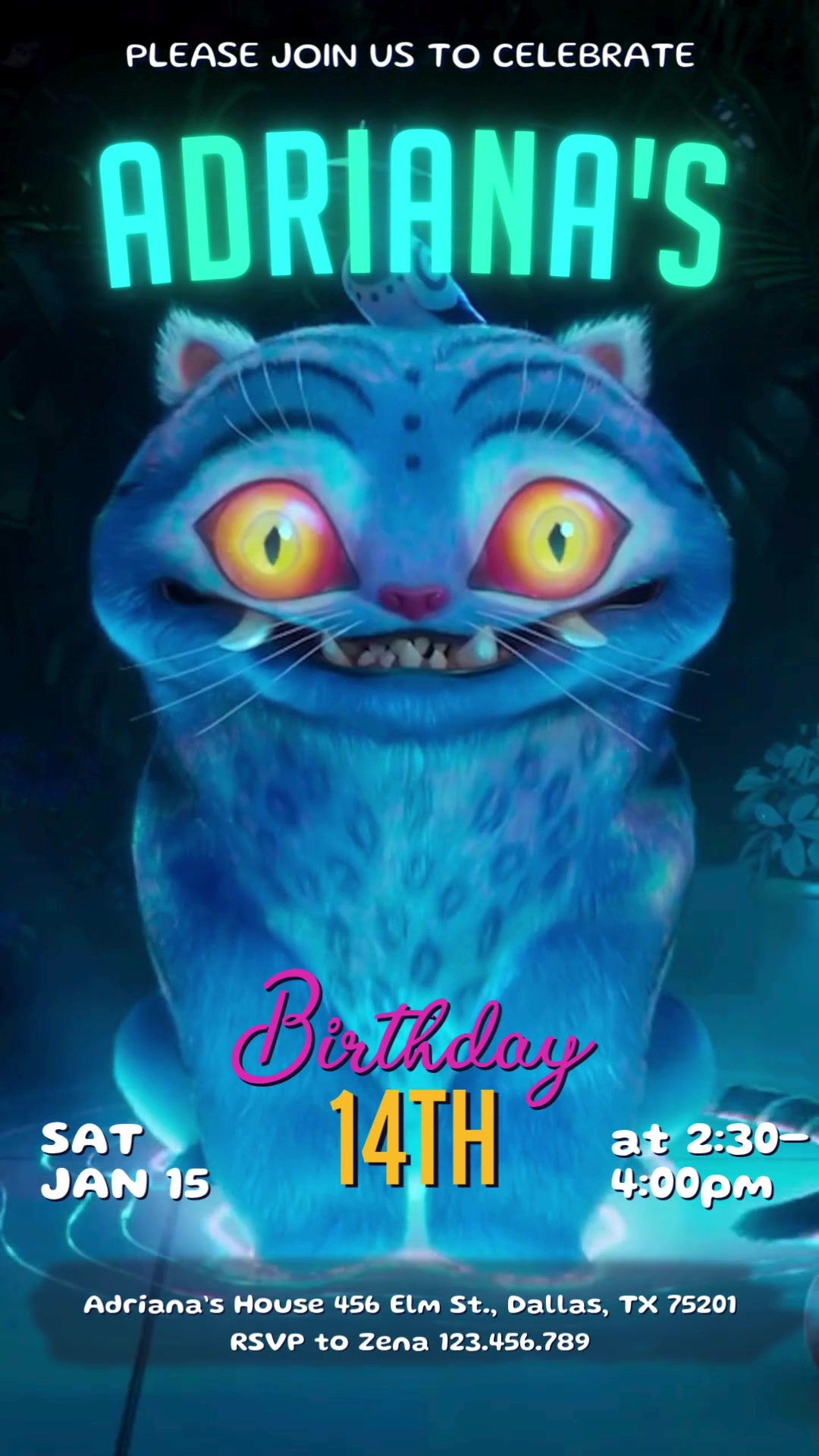 Blue tiger with glowing yellow eyes, aqua name lettering and pink birthday script over a dark blue scene.