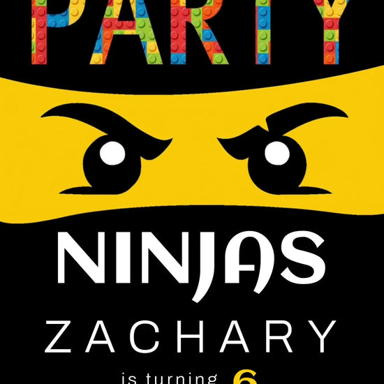 Black-and-yellow ninja birthday invitation with blinking eyes, multicolor block-pattern PARTY lettering and white party details.