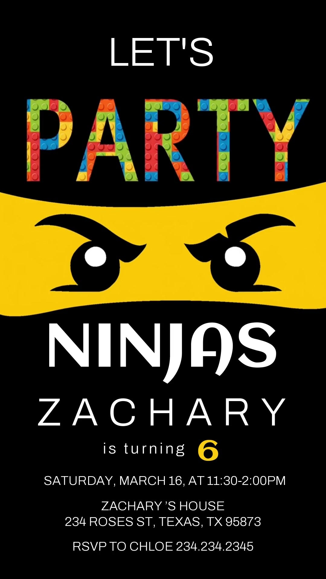 Black-and-yellow ninja birthday invitation with blinking eyes, multicolor block-pattern PARTY lettering and white party details.