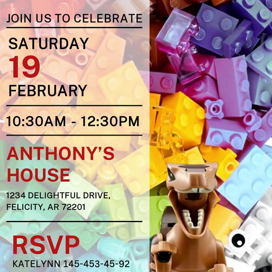 Brown toy T-rex over rainbow building bricks in a bright yellow toy-packaging birthday layout with readable party and RSVP details.