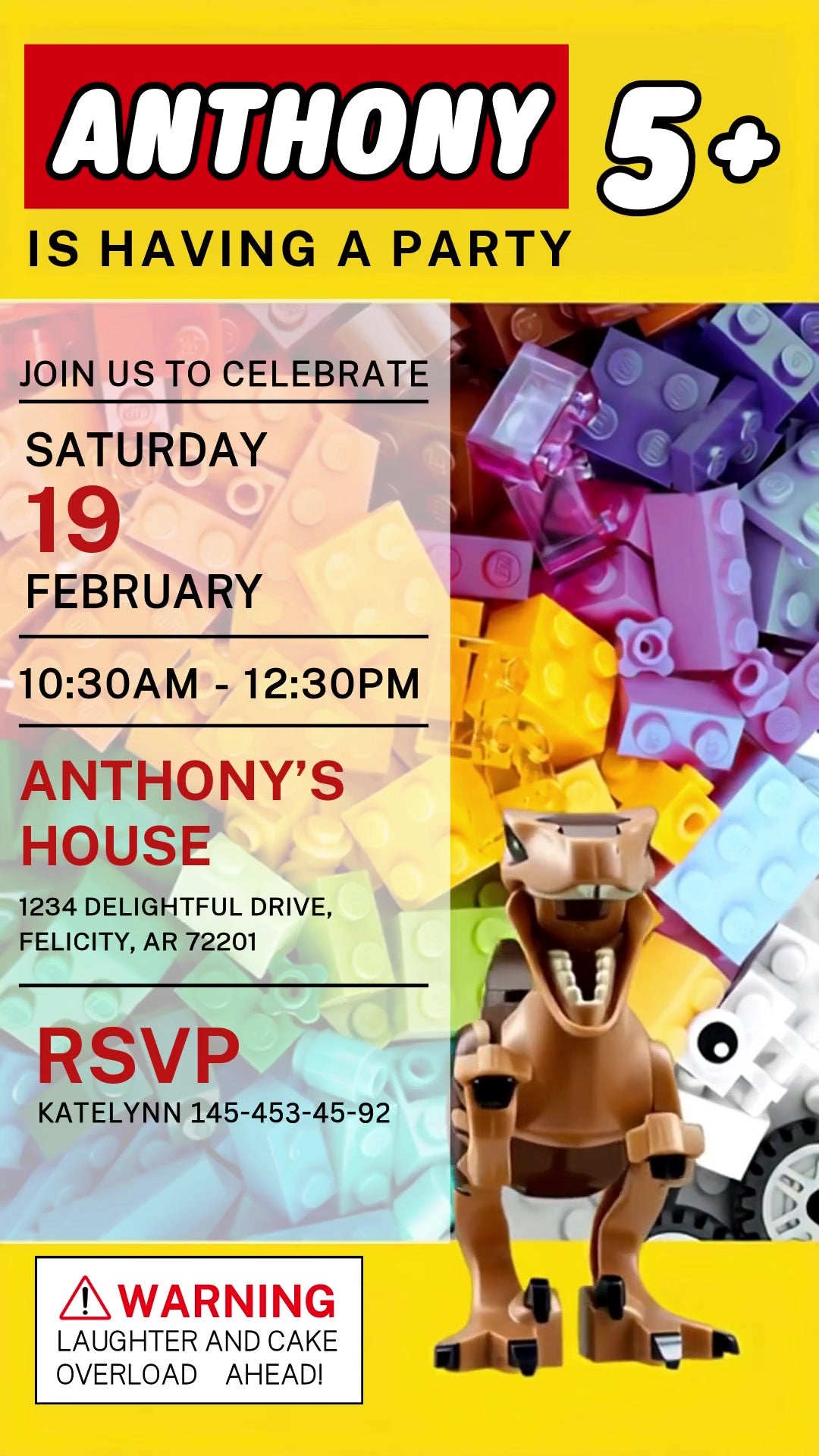 Brown toy T-rex over rainbow building bricks in a bright yellow toy-packaging birthday layout with readable party and RSVP details.