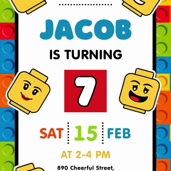 White birthday invitation framed by colorful building blocks and rotating yellow toy heads, with a blue name and bright party details.