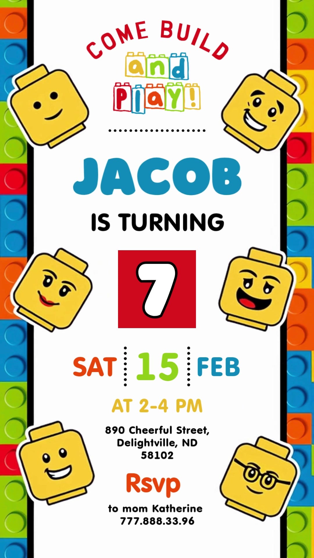 White birthday invitation framed by colorful building blocks and rotating yellow toy heads, with a blue name and bright party details.