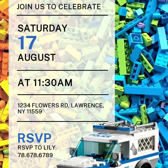 Yellow building-block birthday invitation with blue and green toy bricks, a moving police SUV and a translucent party-details panel.