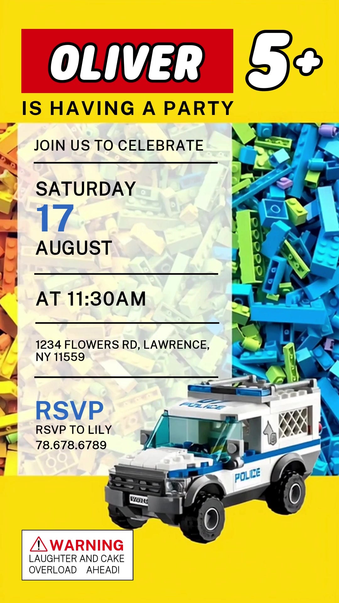 Yellow building-block birthday invitation with blue and green toy bricks, a moving police SUV and a translucent party-details panel.