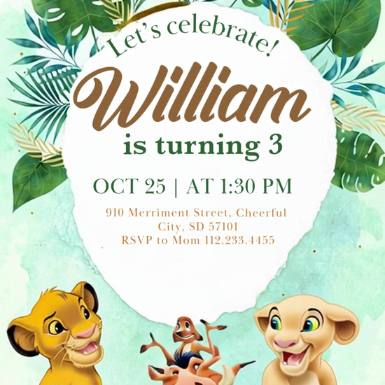 Mint watercolor Lion King birthday invitation with tropical leaves, gold crown and circular frame, featuring Simba, Nala, Timon and Pumbaa.