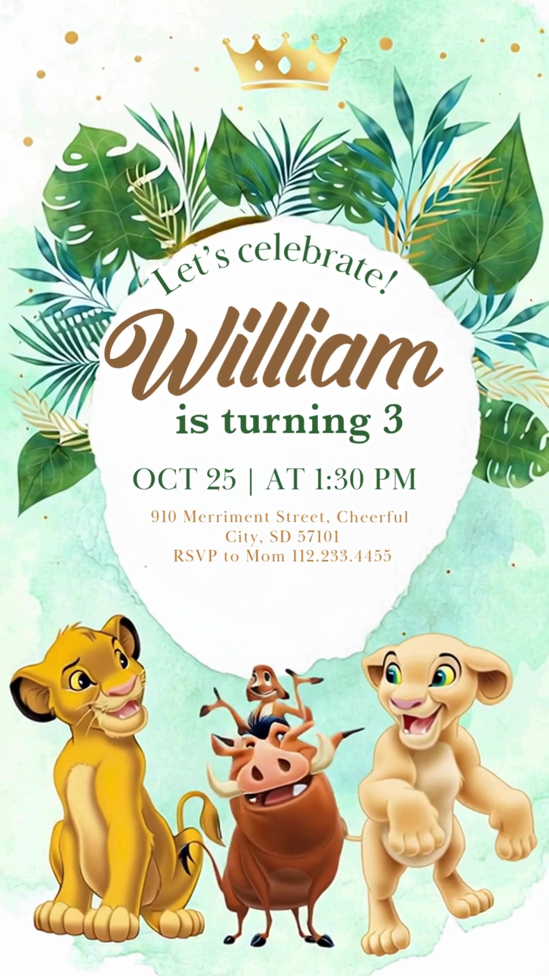 Mint watercolor Lion King birthday invitation with tropical leaves, gold crown and circular frame, featuring Simba, Nala, Timon and Pumbaa.