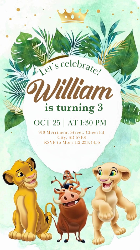 Mint watercolor Lion King birthday invitation with tropical leaves, gold crown and circular frame, featuring Simba, Nala, Timon and Pumbaa.