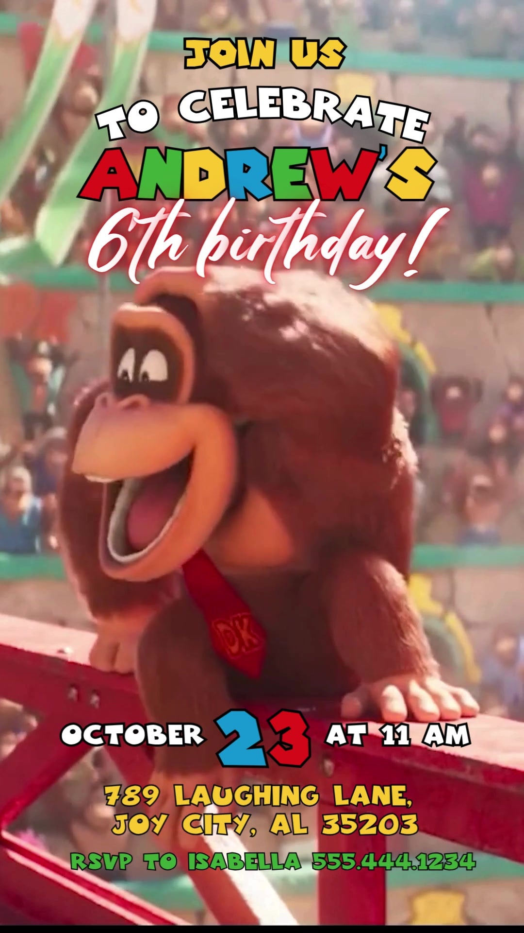 Donkey Kong wearing a red DK tie on red arena girders above a cheering crowd, with multicolor name lettering and bright birthday details.