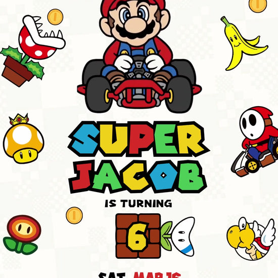 Mario waves from a red kart on a white checkerboard birthday invitation surrounded by Luigi, Peach, Bowser, Boo and racing power-ups.