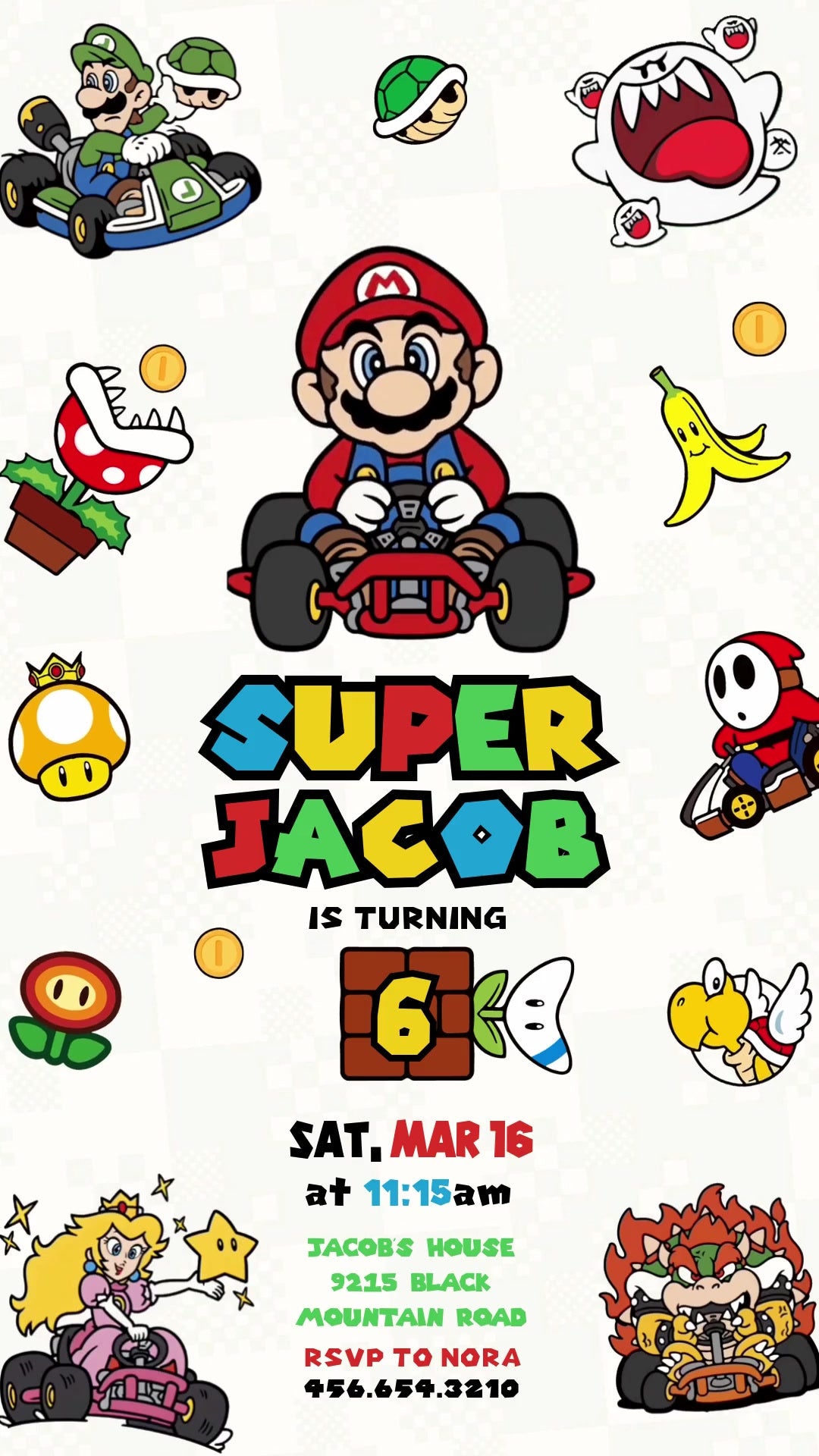 Mario waves from a red kart on a white checkerboard birthday invitation surrounded by Luigi, Peach, Bowser, Boo and racing power-ups.