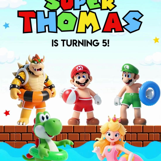 Mario, Luigi and Bowser beside a bright blue pool with Yoshi and Princess Peach in swim rings, clouds, stars and multicolored birthday lettering.
