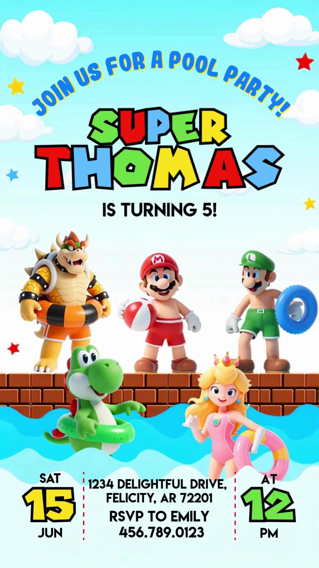 Mario, Luigi and Bowser beside a bright blue pool with Yoshi and Princess Peach in swim rings, clouds, stars and multicolored birthday lettering.