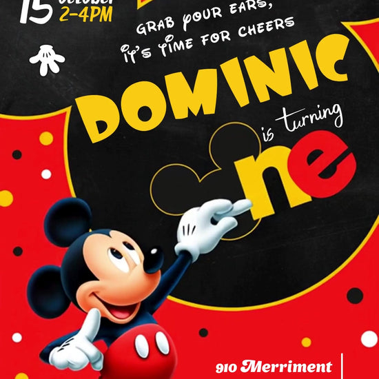 Mickey Mouse beside a black mouse-ear silhouette on a red polka-dot first-birthday invitation with yellow name lettering and colorful party details.