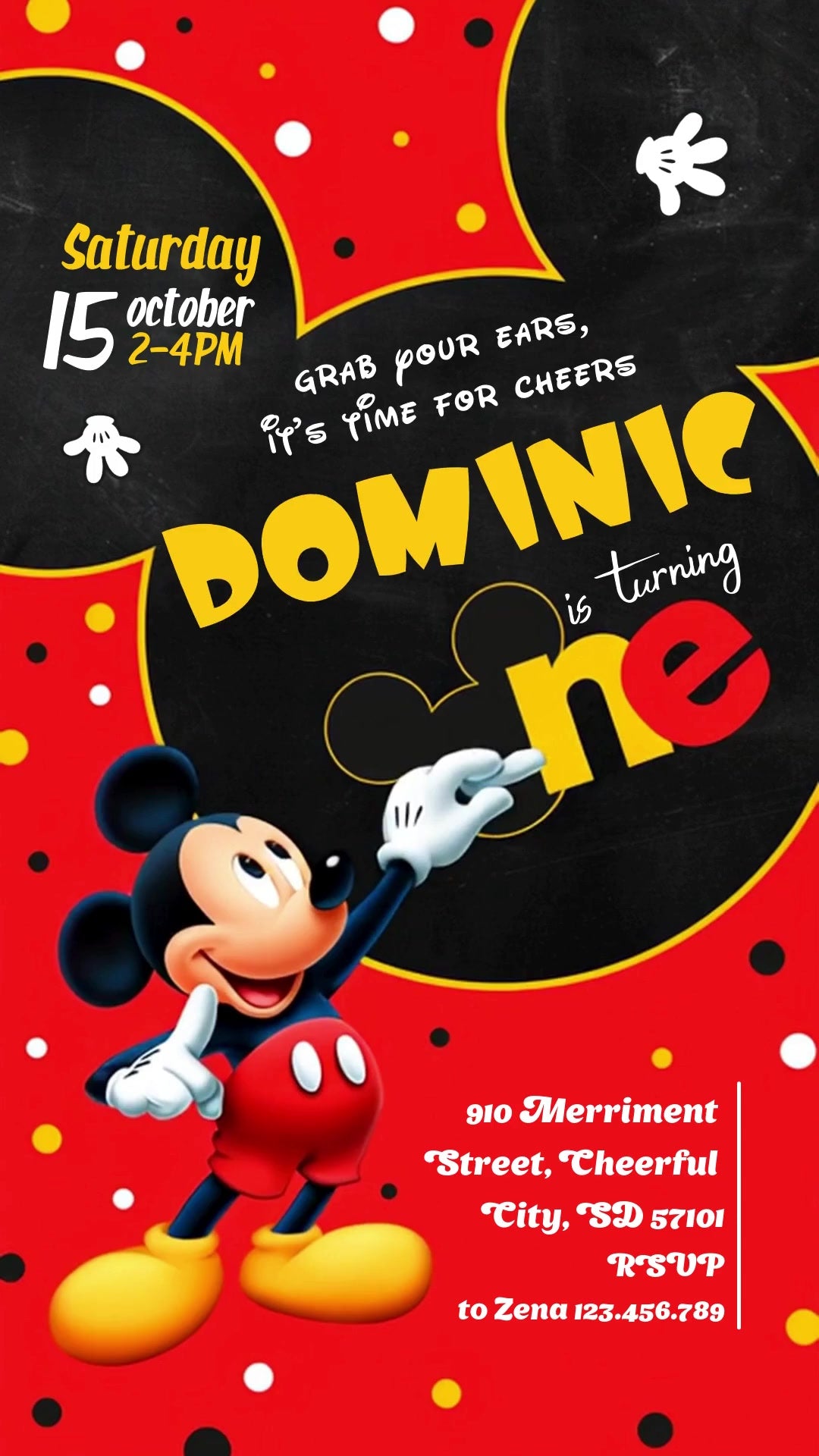 Mickey Mouse beside a black mouse-ear silhouette on a red polka-dot first-birthday invitation with yellow name lettering and colorful party details.