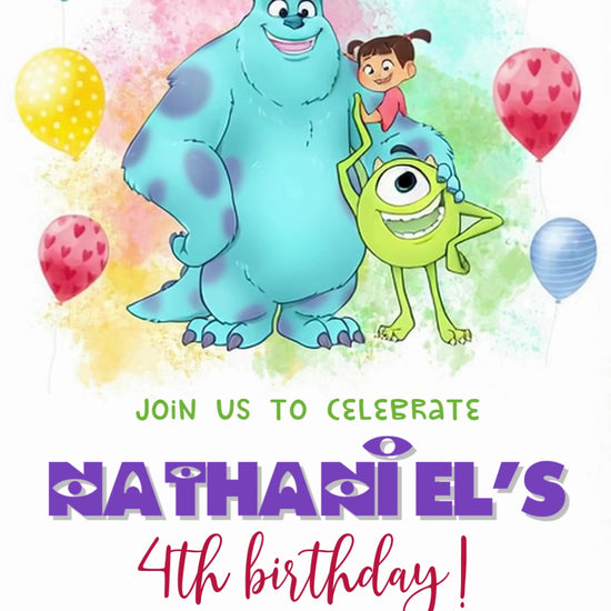 Sully, Mike and Boo together among colorful balloons, pastel watercolor splashes and party bunting with purple monster-eye name lettering.