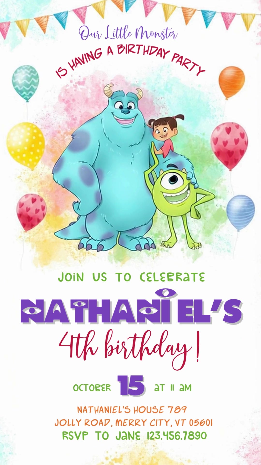 Sully, Mike and Boo together among colorful balloons, pastel watercolor splashes and party bunting with purple monster-eye name lettering.