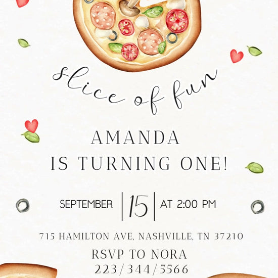 Watercolor pizzas, floating basil, olive rings and red hearts around elegant black first-birthday lettering on white.