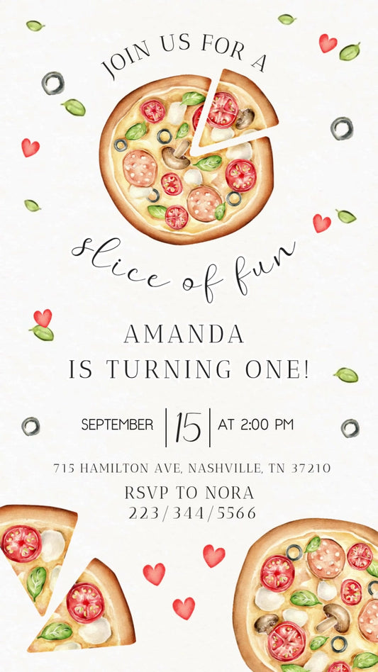 Watercolor pizzas, floating basil, olive rings and red hearts around elegant black first-birthday lettering on white.