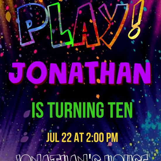Colorful paint bursts on black with oversized Let’s Play lettering, magenta name, green birthday line and corrected sample address.