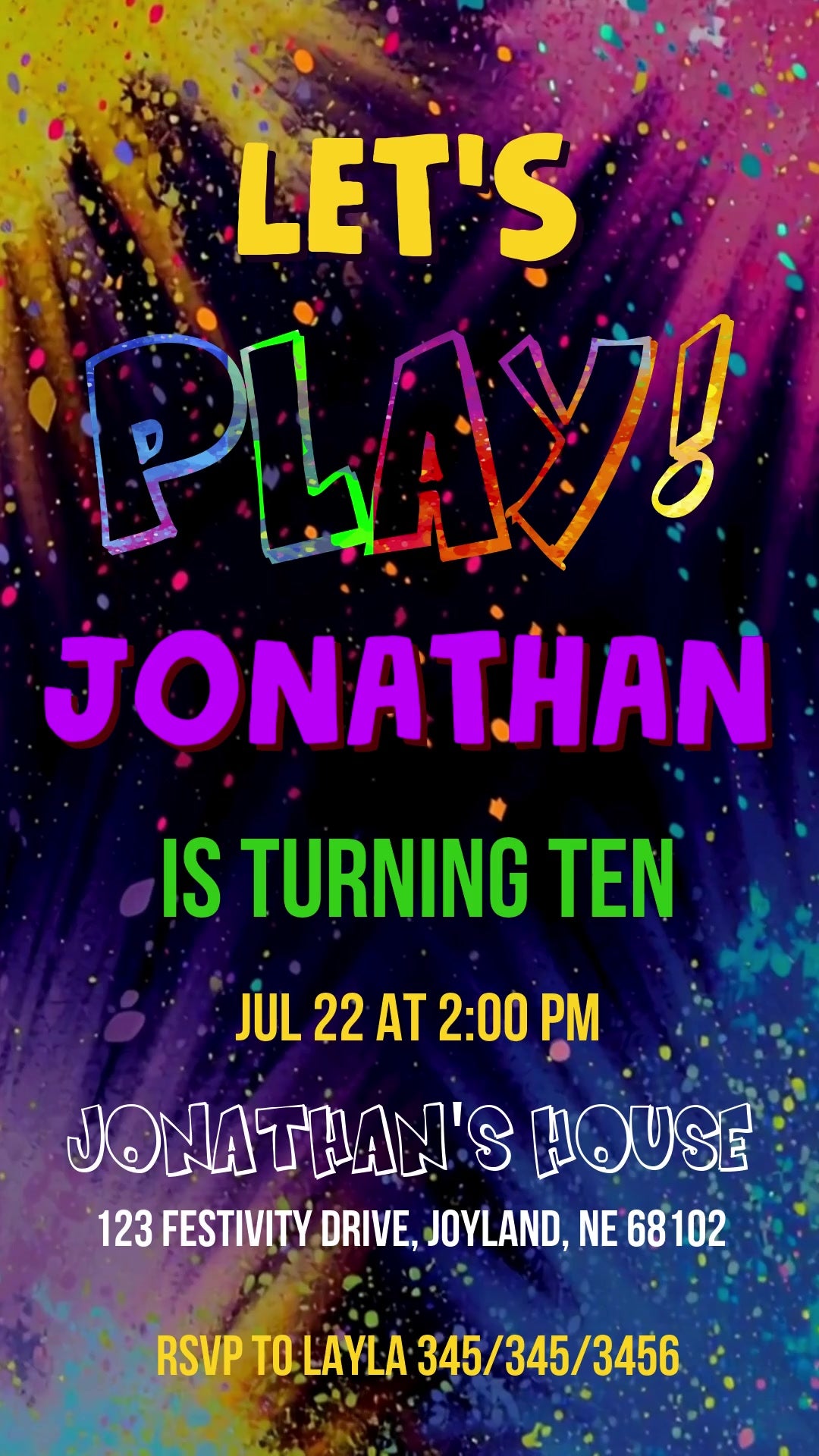 Colorful paint bursts on black with oversized Let’s Play lettering, magenta name, green birthday line and corrected sample address.