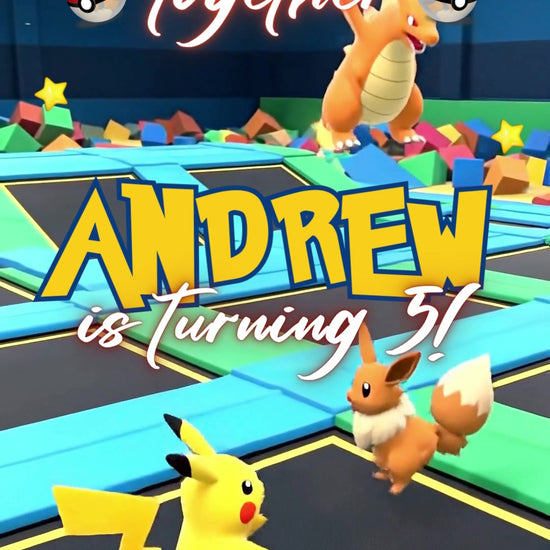 Pikachu, Eevee and Charizard in a blue-and-green trampoline park with a colorful foam pit and glowing Jump Together birthday lettering.