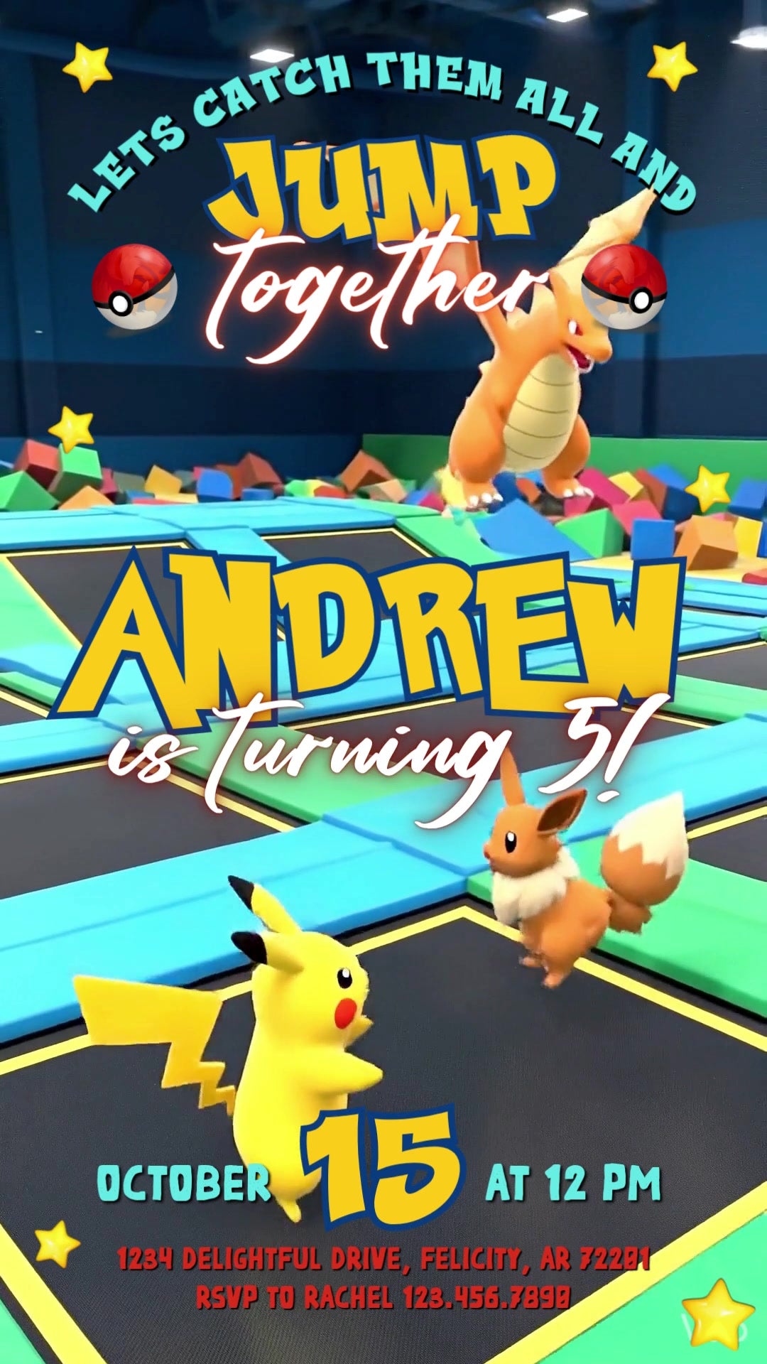 Pikachu, Eevee and Charizard in a blue-and-green trampoline park with a colorful foam pit and glowing Jump Together birthday lettering.