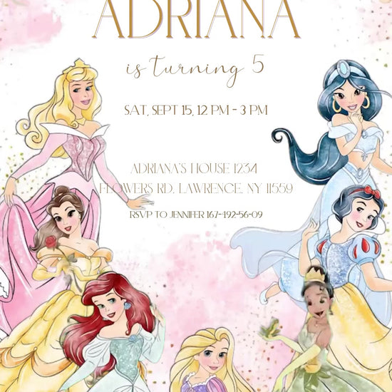 Seven Disney princesses frame gold birthday lettering with pink roses, watercolor foliage and gold confetti; corrected sample time reads 12 PM to 3 PM.