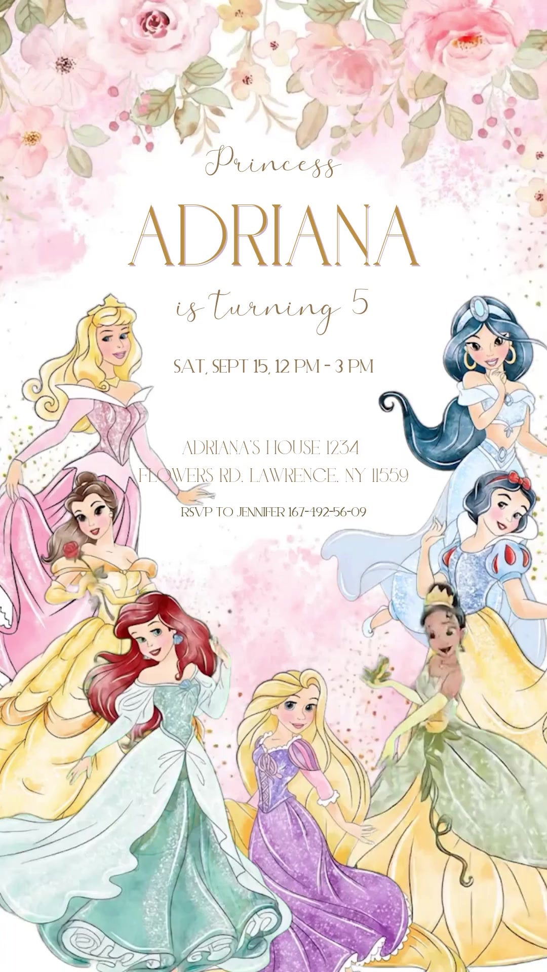 Seven Disney princesses frame gold birthday lettering with pink roses, watercolor foliage and gold confetti; corrected sample time reads 12 PM to 3 PM.