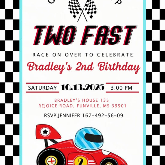 Red open-wheel race car with a blue-helmeted driver, turquoise panel, checkered flags and Two Fast second-birthday lettering.