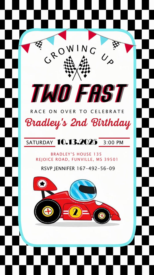 Red open-wheel race car with a blue-helmeted driver, turquoise panel, checkered flags and Two Fast second-birthday lettering.