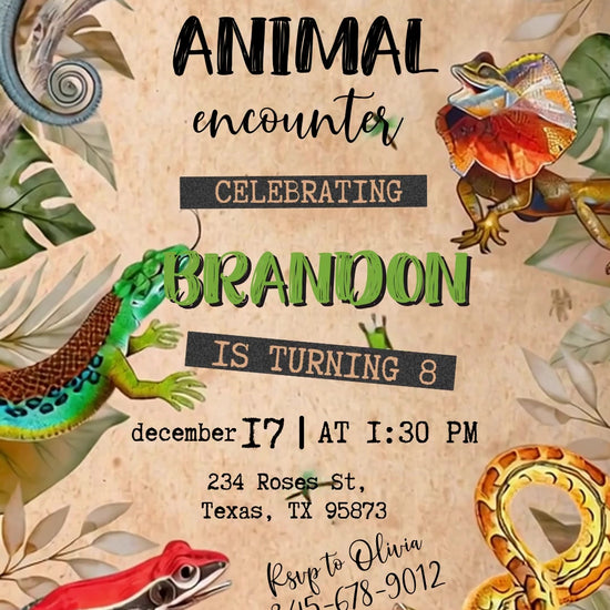 Chameleons, a frilled lizard, tortoise, snake and red frog around parchment-style birthday lettering with leafy jungle edges.