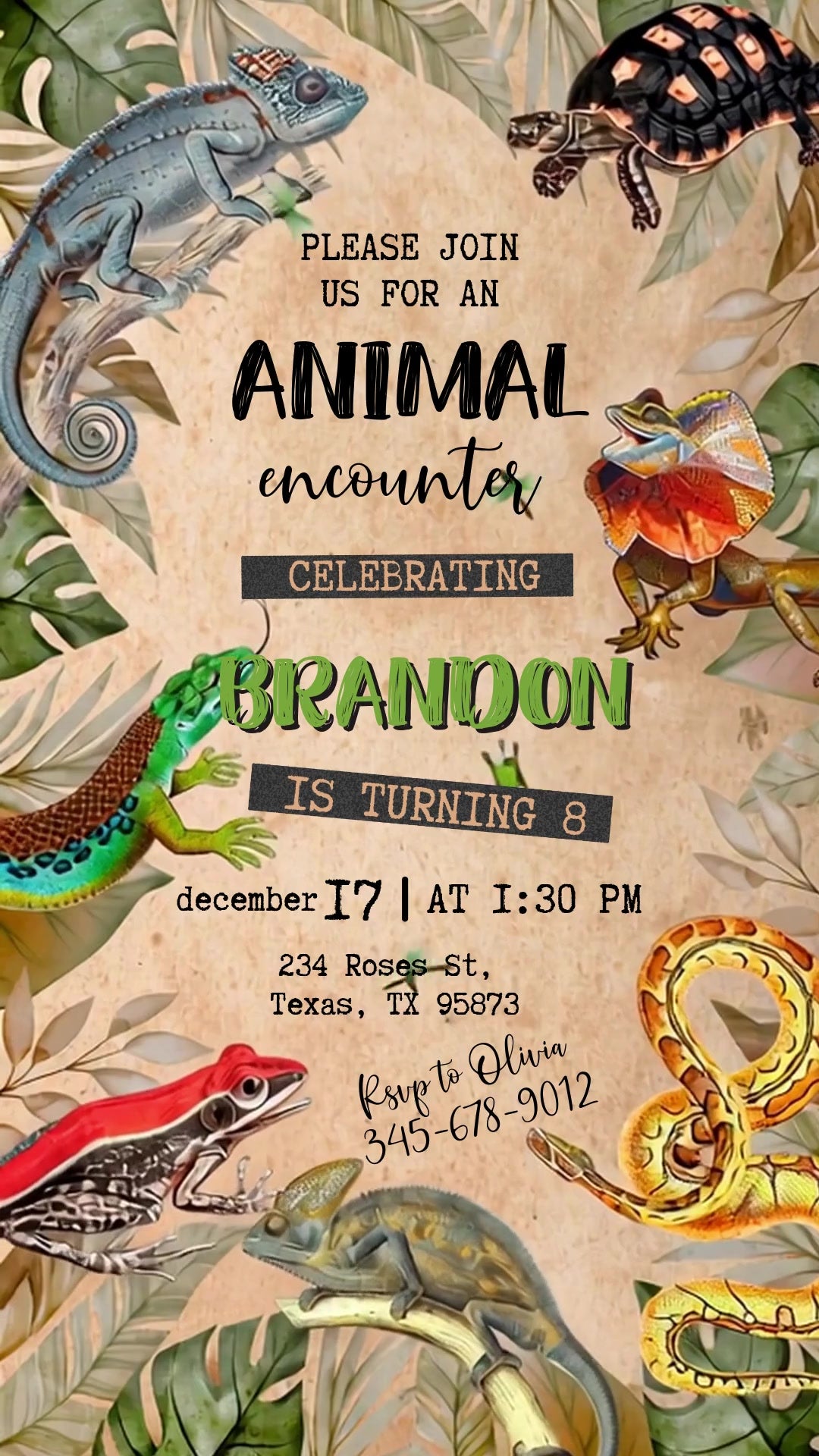 Chameleons, a frilled lizard, tortoise, snake and red frog around parchment-style birthday lettering with leafy jungle edges.