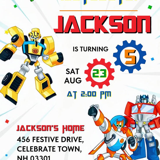 Four colorful Rescue Bots with party bunting, confetti and blue-and-red gears around Calling All Autobots birthday lettering.