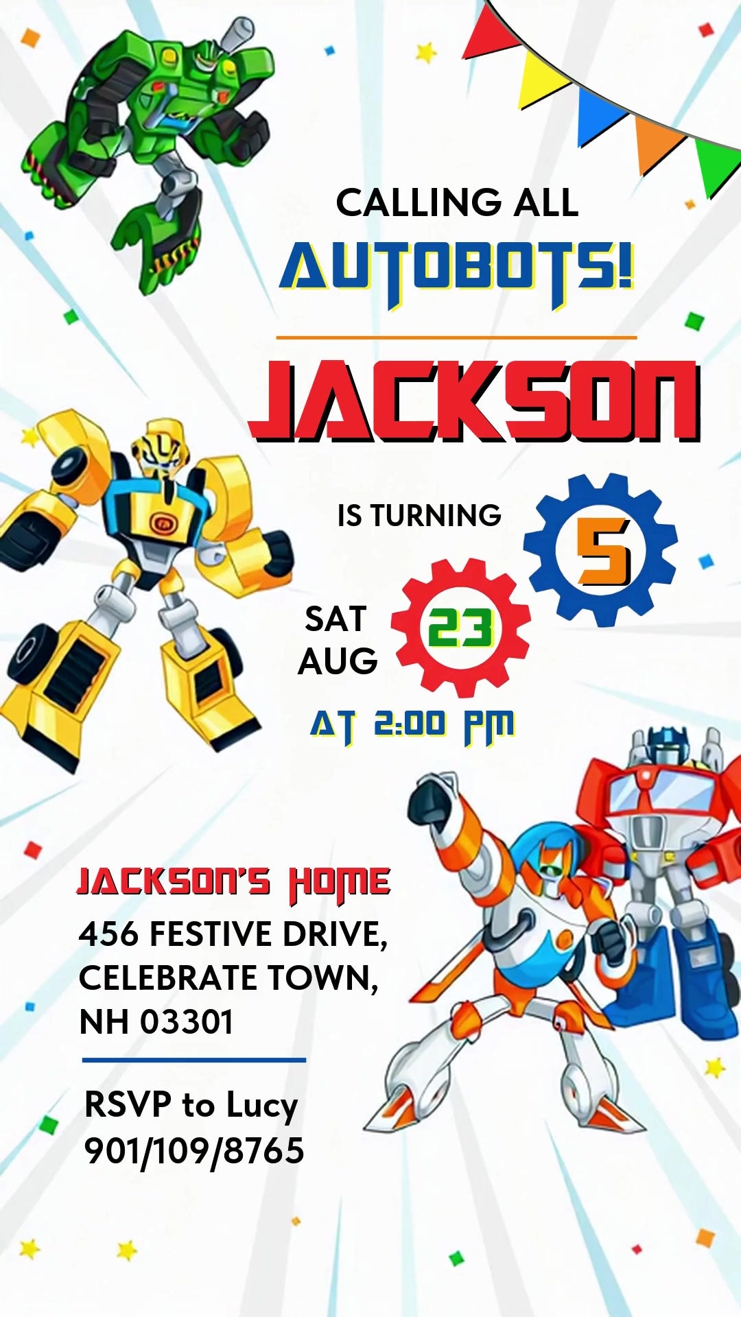Four colorful Rescue Bots with party bunting, confetti and blue-and-red gears around Calling All Autobots birthday lettering.