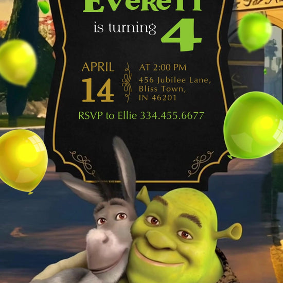 Shrek and Donkey beneath an ornate black-and-gold birthday panel, with green and yellow balloons against a fairytale street.