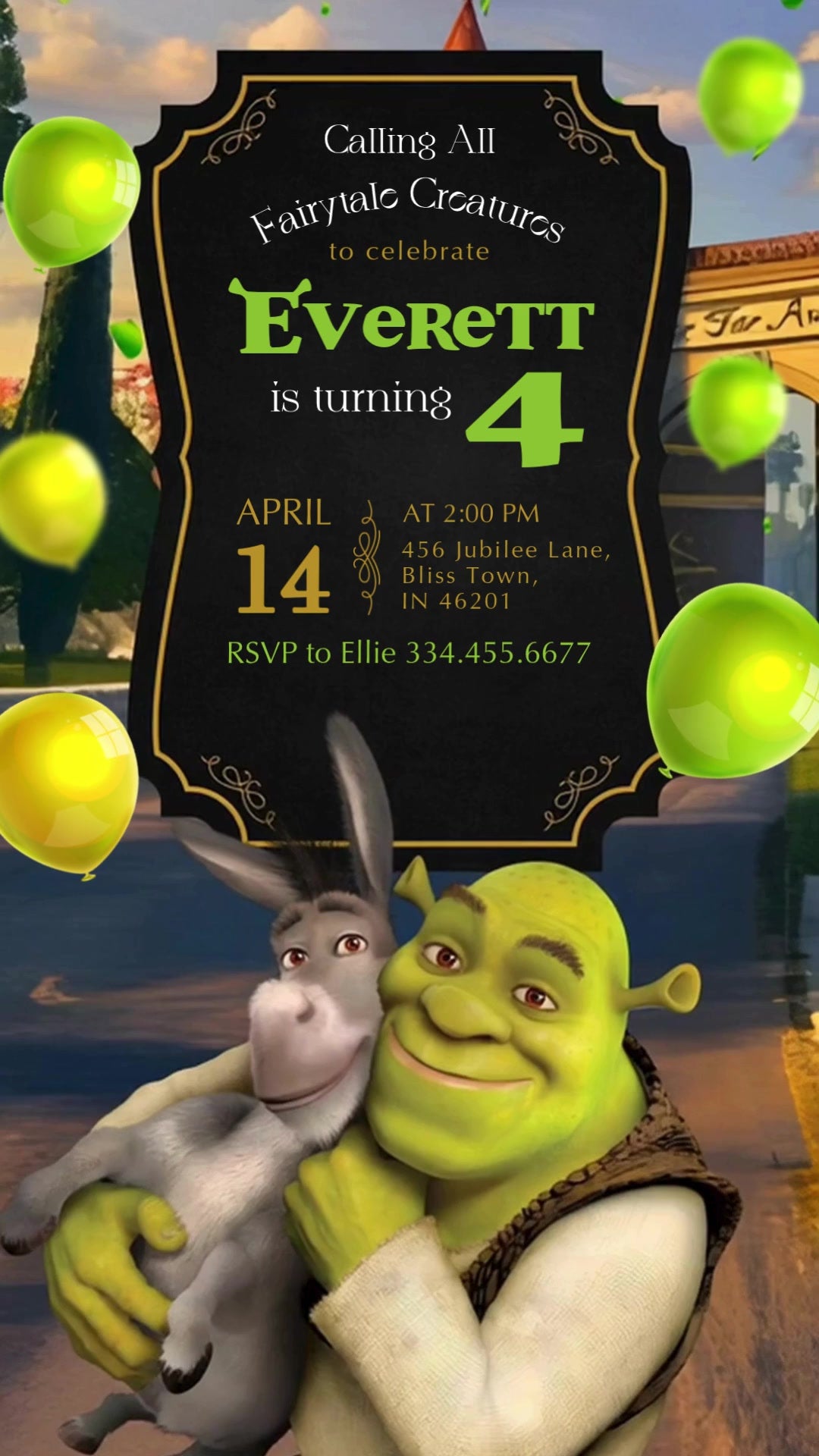 Shrek and Donkey beneath an ornate black-and-gold birthday panel, with green and yellow balloons against a fairytale street.