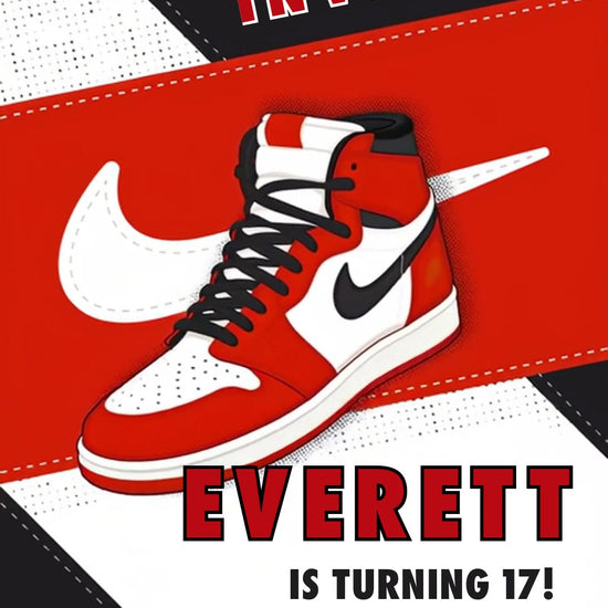 Red, white and black high-top sneaker across a diagonal red Nike band, with athletic birthday lettering and stitched-style borders.