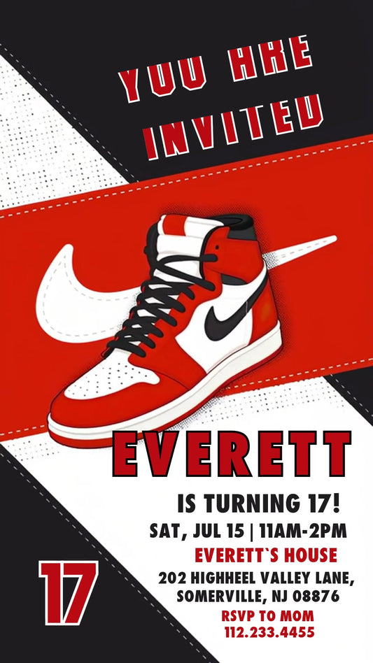 Red, white and black high-top sneaker across a diagonal red Nike band, with athletic birthday lettering and stitched-style borders.