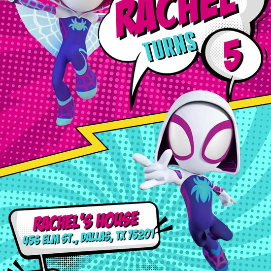 Ghost-Spider in two poses across pink and turquoise comic panels, with white birthday speech bubbles, yellow lightning and halftone dots.