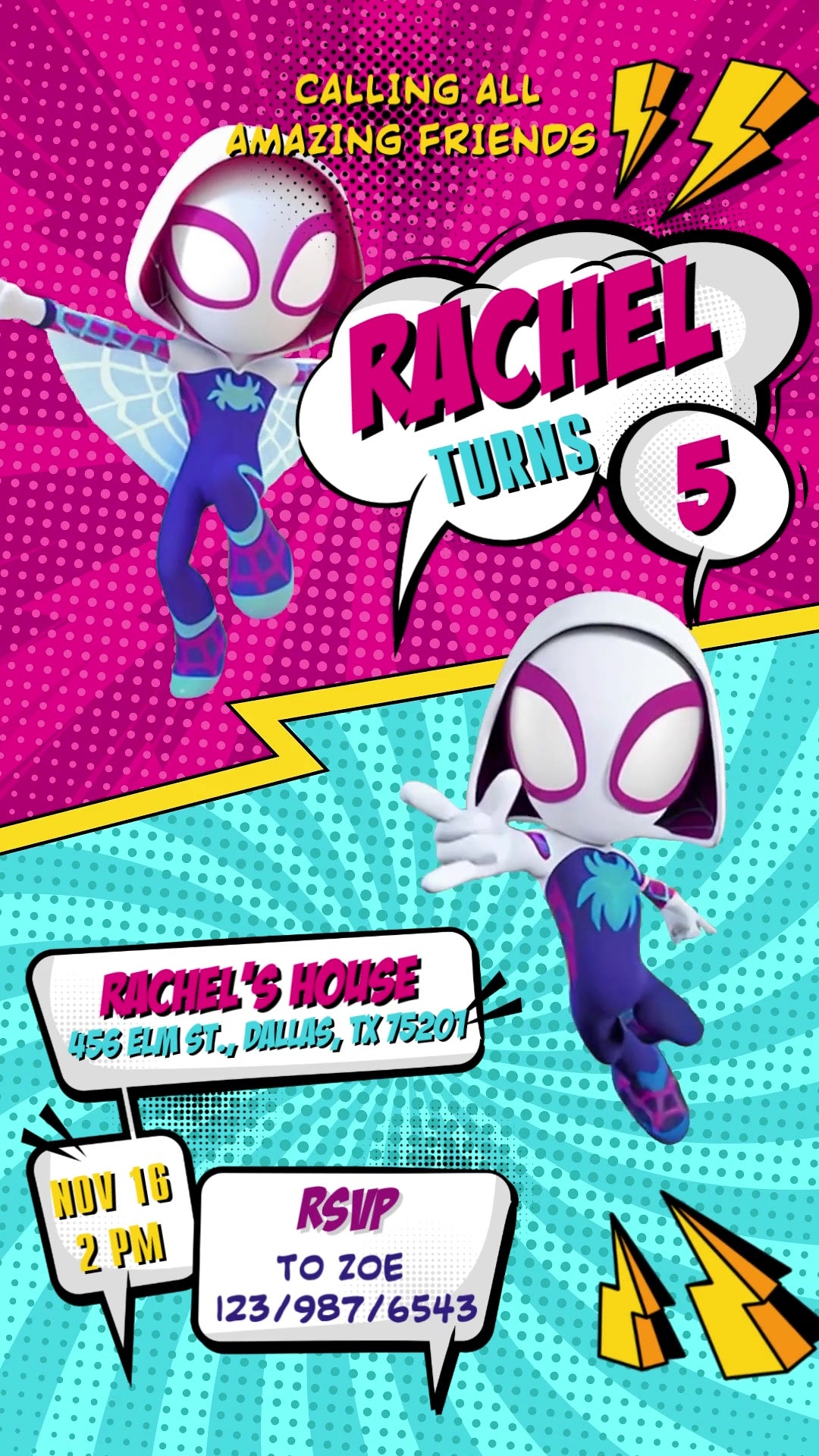 Ghost-Spider in two poses across pink and turquoise comic panels, with white birthday speech bubbles, yellow lightning and halftone dots.