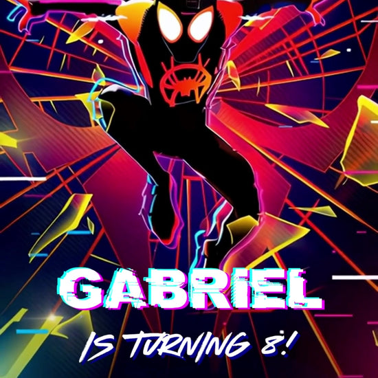 Miles Morales mid-leap against neon Spider-Verse shards and red webs, with glitch-style white birthday lettering.