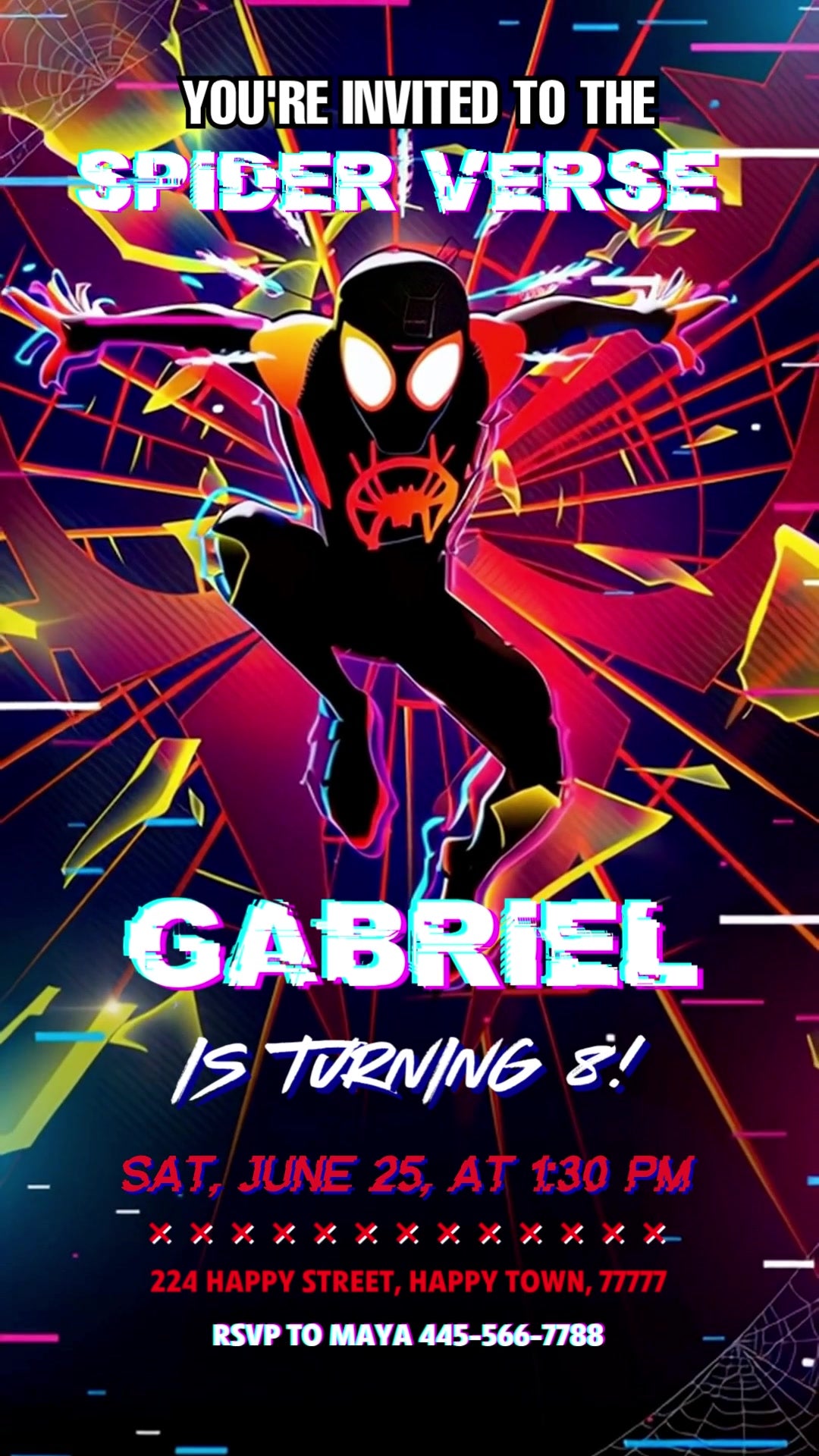 Miles Morales mid-leap against neon Spider-Verse shards and red webs, with glitch-style white birthday lettering.