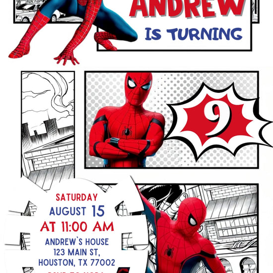 Three red-and-blue Spider-Man poses across black-and-white city comic panels, with red age burst, white spider-shaped details and POW accent.