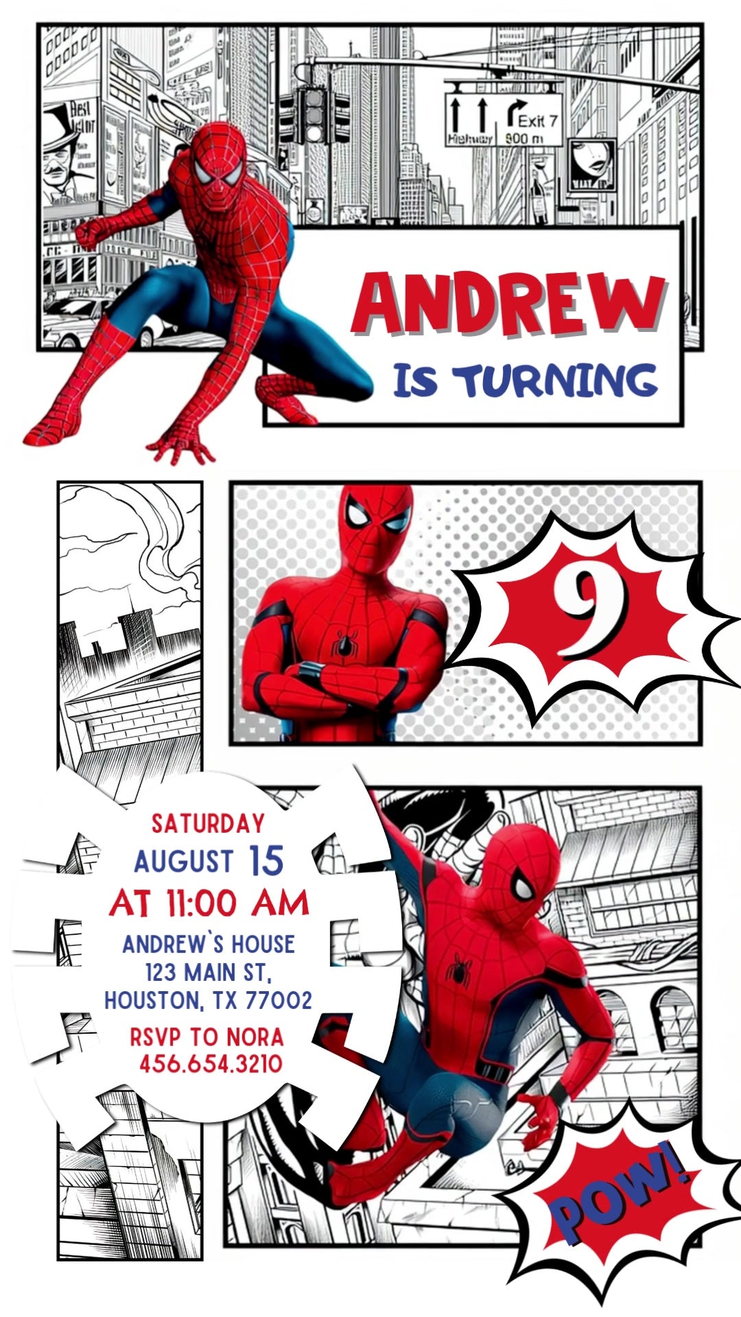 Three red-and-blue Spider-Man poses across black-and-white city comic panels, with red age burst, white spider-shaped details and POW accent.