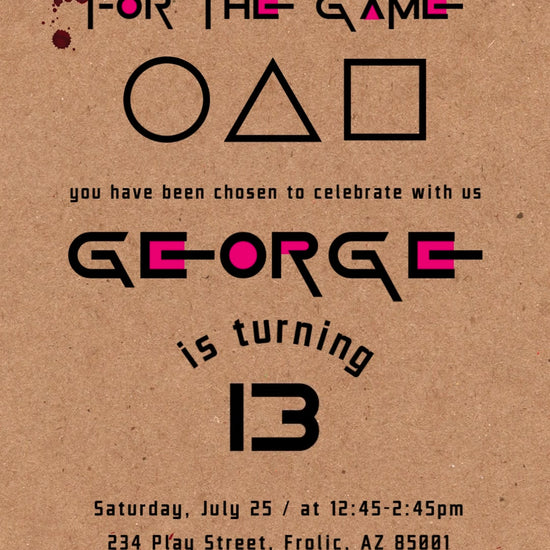 Squid Game-inspired circle, triangle and square symbols on kraft paper with black-and-pink birthday lettering and stylized dark-red drips.