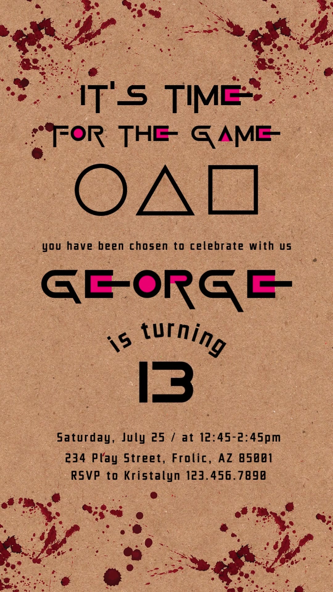 Squid Game-inspired circle, triangle and square symbols on kraft paper with black-and-pink birthday lettering and stylized dark-red drips.